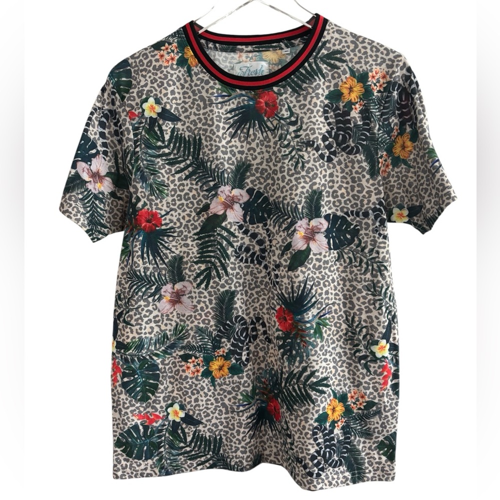 Fresh Prints Of Bel Air Green and Red Short Sleeve Tee with Tropical Print